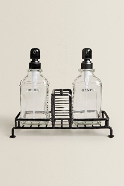 teknotrust موزع صابون مطبخ مزدوج من الزجاج الأسود - قائم