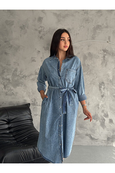 efstyle uzun kol gömlek yakalı çıtçıtlı tek cepli ince denim elbise