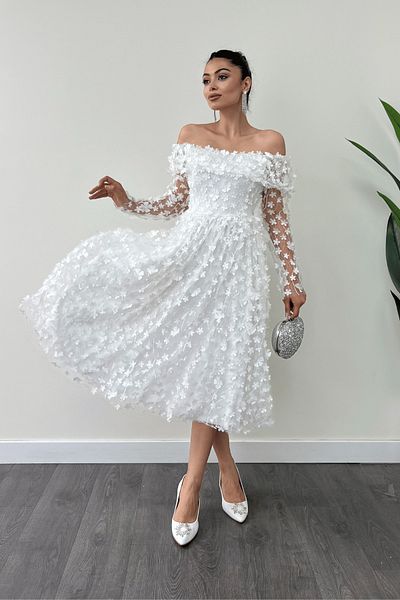 giyimmasalı Λευκό Μίντι Φόρεμα - Τρισδιάστατο Floral Boat Neck