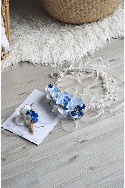 çiğdem kaya design Синя цветена корона за майка и цвете за ревера на баща