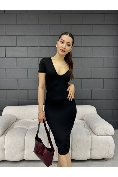 Fav Style Black U-Neck Fitted Short Dress - Single Short Sleeve