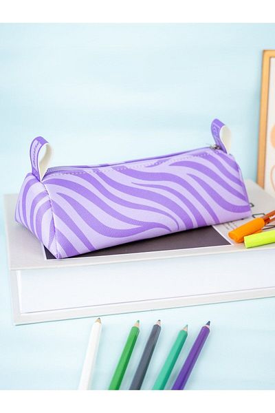 OneSize Pastel Lilac Zebra Patterned Triangle Design Vegan Leather Pencil Case - Pen Holder and Makeup Bag