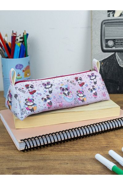 OneSize Pencil Case Cute Pandas Triangle Design Vegan Leather (Pencil Holder and Makeup Bag)