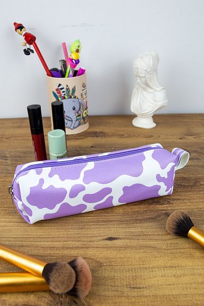 OneSize Cow Lilac Square Design - Vegan Leather Pencil Case (Pencil Holder and Makeup Bag)
