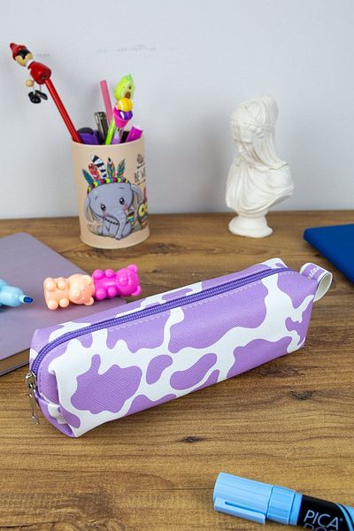 OneSize Cow Lilac Square Design - Vegan Leather Pencil Case (Pencil Holder and Makeup Bag)
