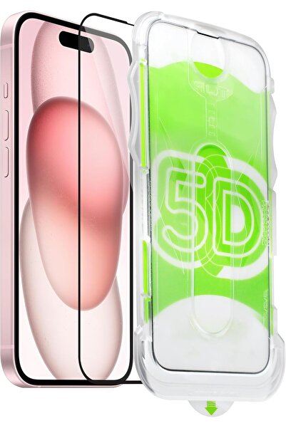 Fibaks iPhone 15/14 Pro/16 Uyumlu Kolay Uygulama Aparatlı Siyah Çerçeveli Tam Kapatan Cam Ekran Koruyucu