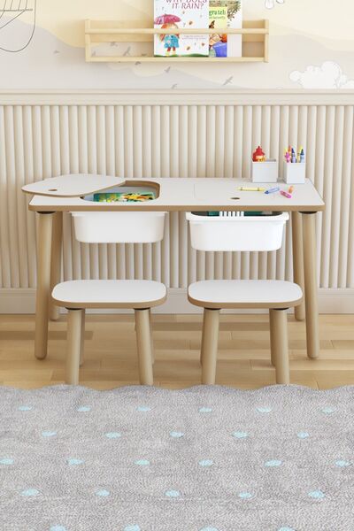 POFİTTO Montessori Çocuk Masası-oyun Masası-aktivite Masası-çalışma Masası-etkinlik Masası 2 Tabure