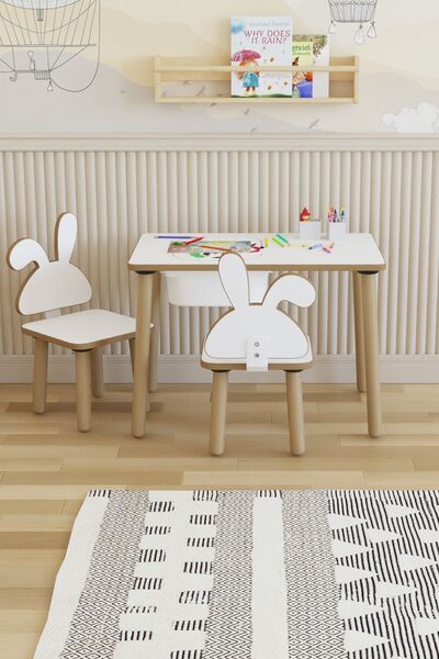 POFİTTO Montessori Çocuk Masası-oyun Masası-aktivite Masası-etkinlik Masası Takımı 2 Tavşan Sandalye