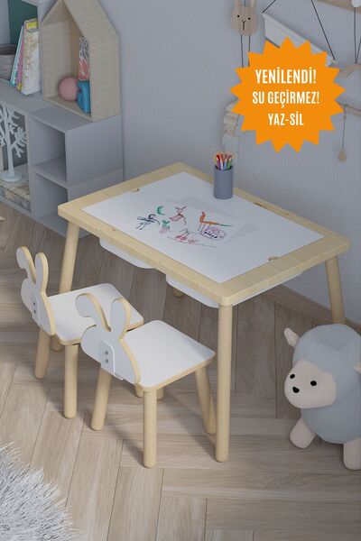 POFİTTO Ağaç Ahşap Çocuk Masası-Yaz sil Yüzey Çocuk Masası-Aktivite-Çocuk Masası-2 ADET SEPET-2 SANDALYE