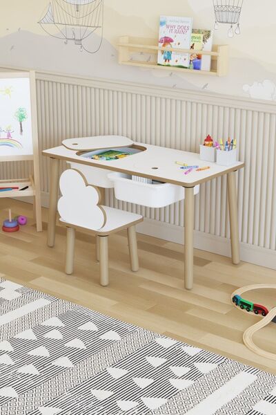 POFİTTO Montessori Çocuk Masası-oyun Masası-aktivite Masası-etkinlik Masası Takımı 1 Bulut Sandalye