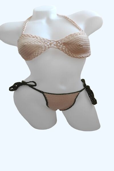 Candy women Cream Color Women's Hand Knitted Underwear Bikini Set with Green ...