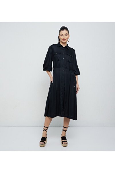 Aeropostale Women's Black Plain Shirt Collar Dress