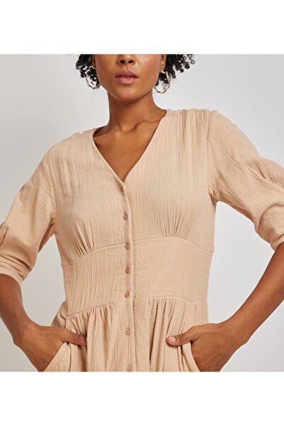 Aeropostale Women's Beige Plain V Neck Dress