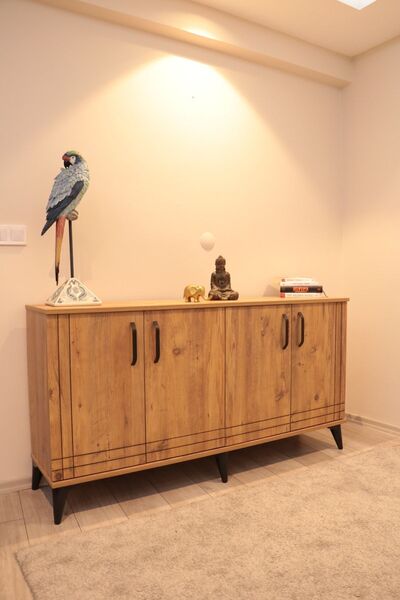 KLT Modüler Konsol Tv Ünite Atlantik Çam Gövde Siyah Dekoratif Çizgiler Salon Konsol 160 Cm