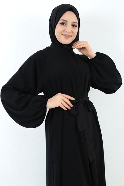 MARQUANT Γυναικεία μαύρη Medina Silk Placket με φερμουάρ Ζώνη Τσέπη Ferace Hijab