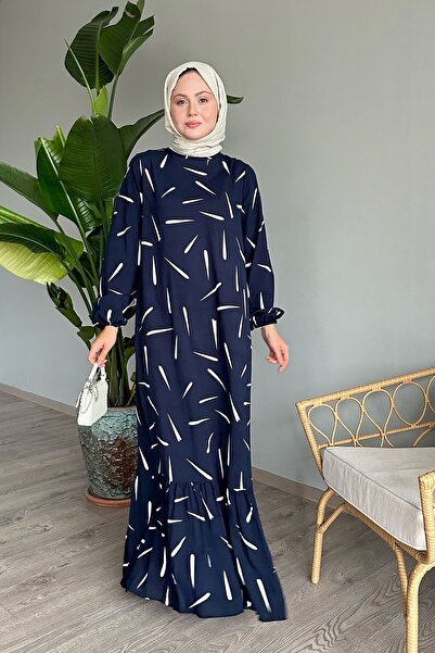 InStyle Çıtır Şerit Lacivert Viskon elbise