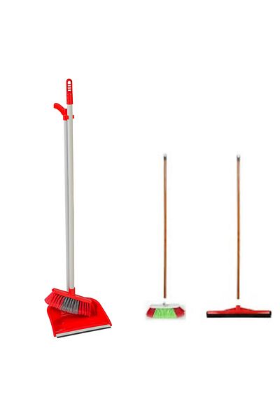 MCK Plus 3-piece Cleaning Set - Wooden, Handle Brush and Cekcek Lux Foldable Faras Red