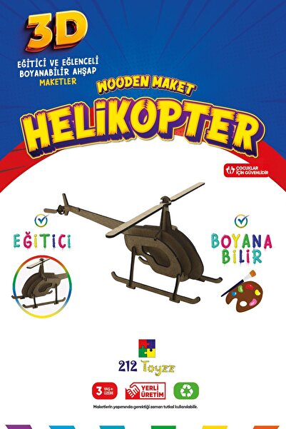 212toyzz 3D Boyanabilir Ahşap Tek Kanatlı Helikopter Maketi - Çocuklar İçin E...