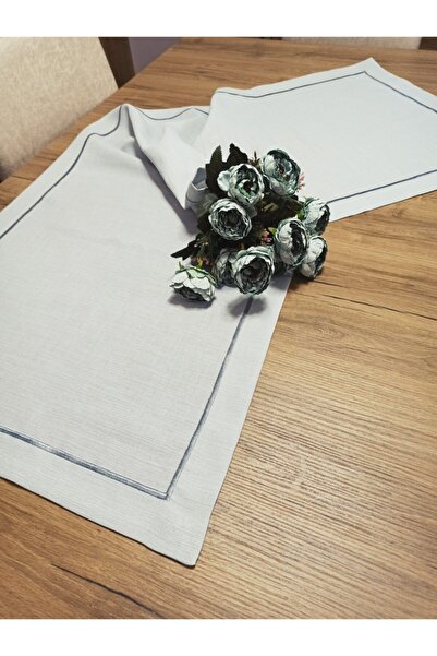 AYNALI BOHÇA Gri Kenar Nakışlı Dertsiz Leke Tutmaz Keten Runner