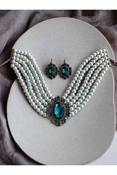 FAYRA ACCESSORIES Zümrüt Yeşil Chooker Tasma İnci Kolye ve Küpe Seti