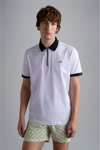 PAUL&SHARK Men's Cotton Polo Collar Button Closure Short Sleeve White Polo Co...