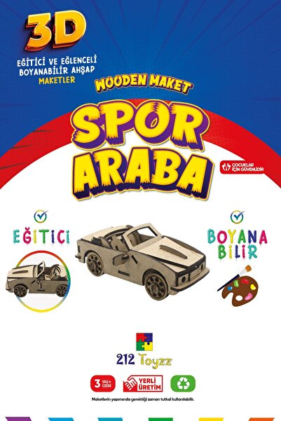 Genel Markalar 3D Boyanabilir Ahşap Spor Araba Maketi - Çocuklar İçin Eğitici...