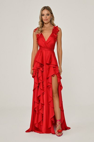 ALFABETA Women's Woven Polyester Blended Night Stylish Red Evening Dress & Graduation Dress AB6641-RED