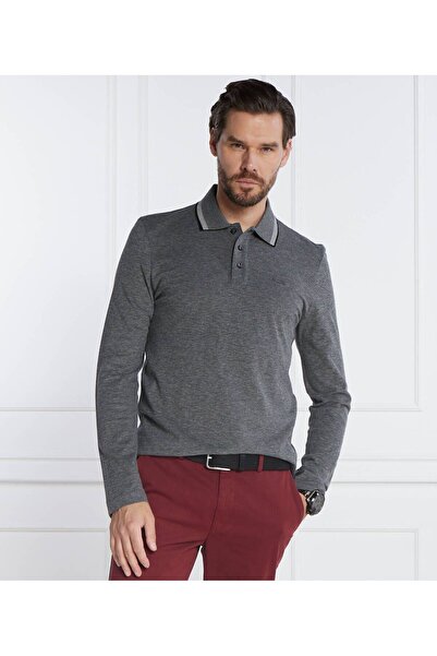 BOSS Erkek Polo Yaka Uzun Kollu Pamuklu Rahat Kesim Gri Polo Yaka T-Shirt 505...