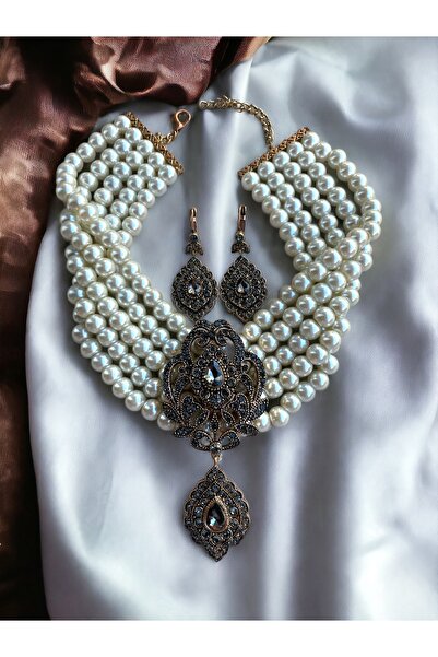 FAYRA ACCESSORIES Black Diamond Zirkon Taşlı İnci Kolye ve Küpe Seti