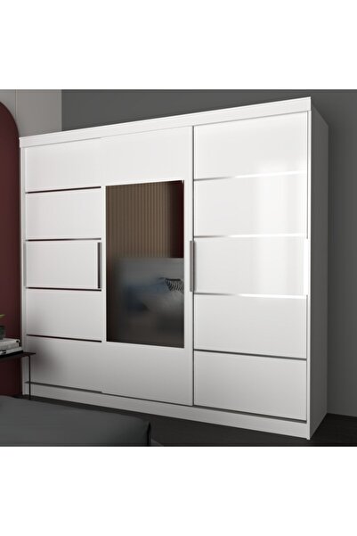 yılwood Üç Kapaklı Sürgülü Gardırop 275 Lik (PARLAK BEYAZ)