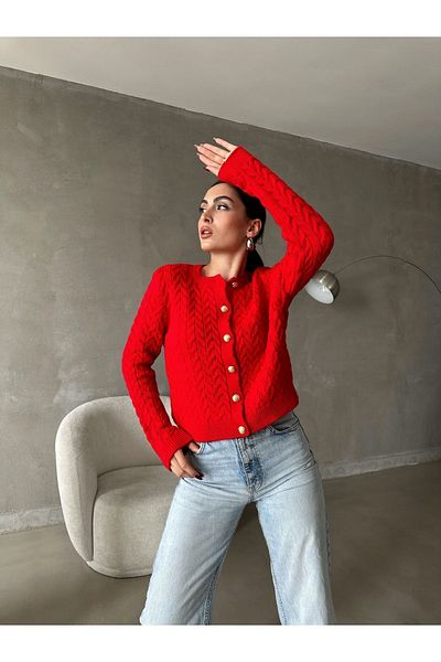 vivario Cardigan de tricotaj cu nasturi aurii împletit cu păr roșu