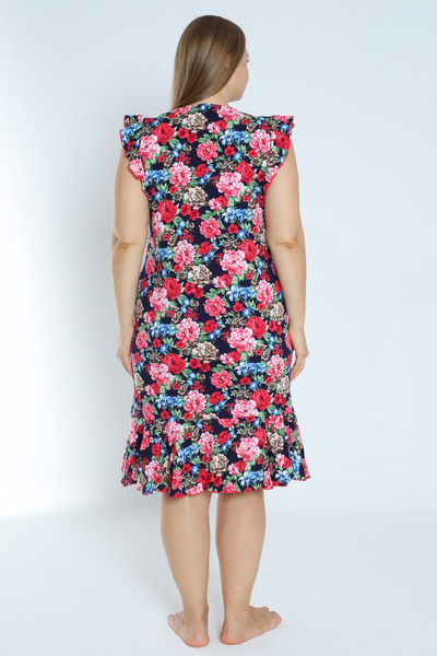 İntensive Plus Size Floral Print Cotton Dress - Pocket and Ruffle Sleeve