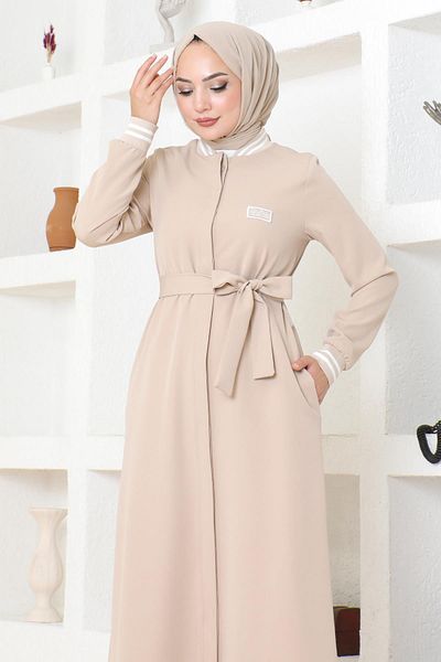 Modamihram Beige Ferace - Hidden Button and Ribbed 19214