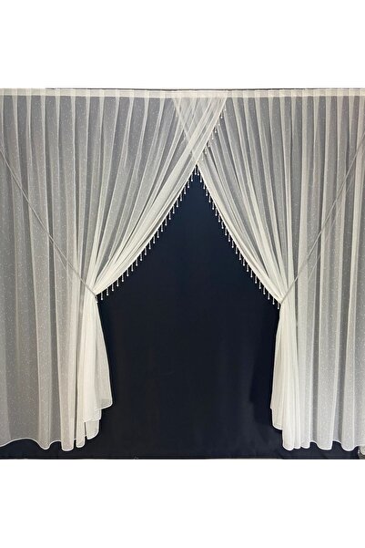 Fashion Pearl Moda Inci Perde, Damla Desen Boncuklu Keten Halatlı Kruvaze Tül Perde