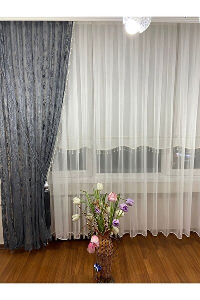 Fashion Pearl Moda Inci Perde, Simli Düz Tül Perde