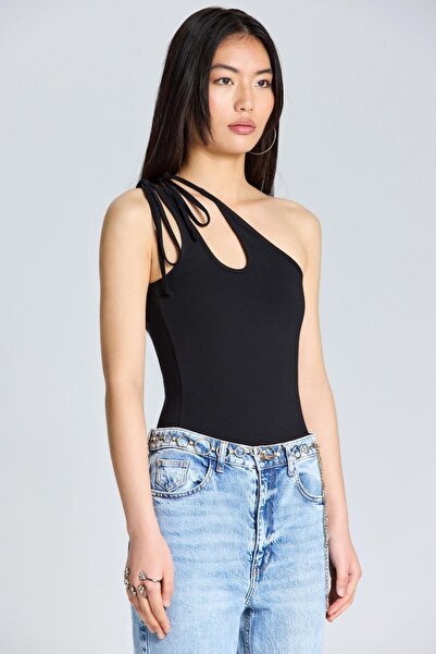 boutiquen 2686 Double Strap Tied Black Blouse