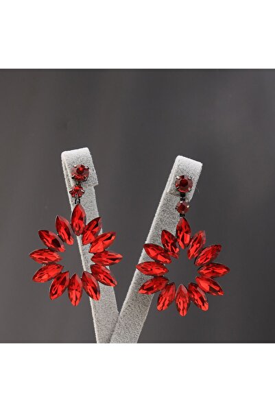 Bijuteri Moda Kırmızı Taşlı Abiye Kına Nişan Küpesi