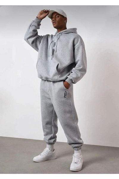 NO 601 Men's Gray Hooded Sweatshirt and Gray Hook Printed Winter Sweatpants Set