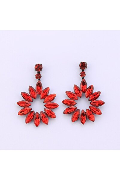 Bijuteri Moda Kırmızı Taşlı Abiye Kına Nişan Küpesi