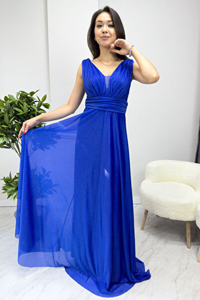 Elbise Delisi Kadın Sıfır Kol Transparan Detay Abiye Elbise Saks, Gold, Lila, Siyah, Beyaz,Zümrüt Yeşili