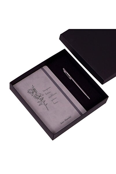 Kitaplı Hediye Öğretmene Isme Özel Gri Ajanda Kalem Hediye Seti
