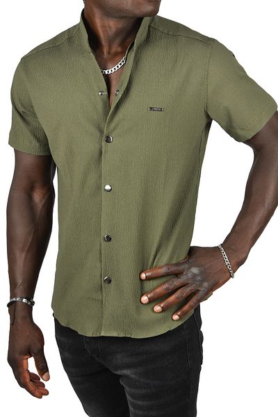 DeepSEA Ανδρικό πουκάμισο Lycra με λεπτή εφαρμογή Hakim Collar - Ύφασμα Khaki Seersucker, Snap Fastener, Κοντό μανίκι 2403018