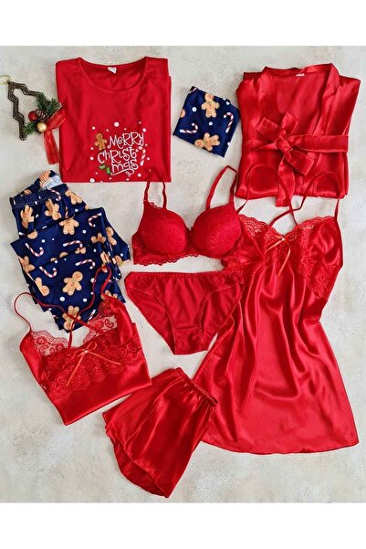 Çeyize dair herşey Kırmızı 8 Li Gecelik, Sabahlı, Pijama Çeyiz Seti 6568