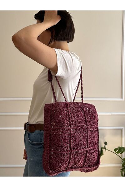 nidistore El Yapımı Bordo Hasır Kol Çantası
