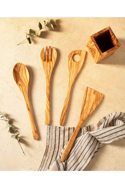 Demy Craft Olive Tree Wooden Kitchen Set, 5 Piece Boxed Wooden Spoon, Fork, Spatula Handmade
