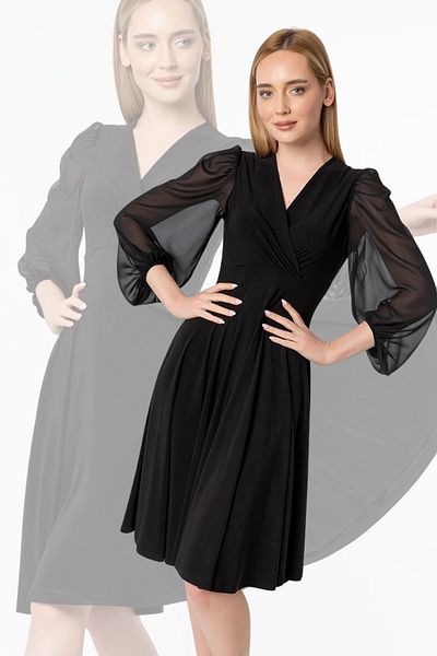 Laranor Balloon Sleeve and Double Breasted Collar Chiffon Flared Dress