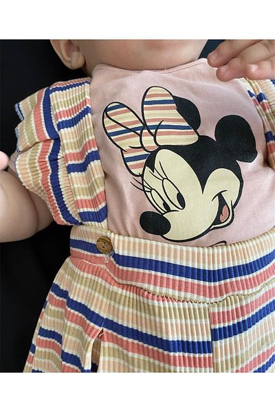 Minizade Miki Printed Baby Girl Summer Slippers - Striped and Buttoned Jumpsuit