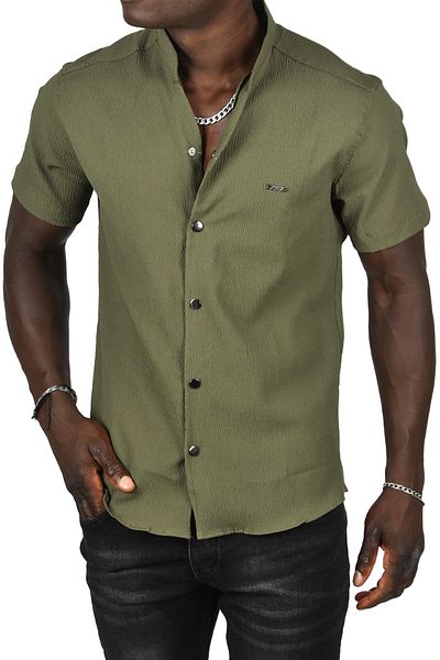 DeepSEA Ανδρικό πουκάμισο Lycra με λεπτή εφαρμογή Hakim Collar - Ύφασμα Khaki Seersucker, Snap Fastener, Κοντό μανίκι 2403018