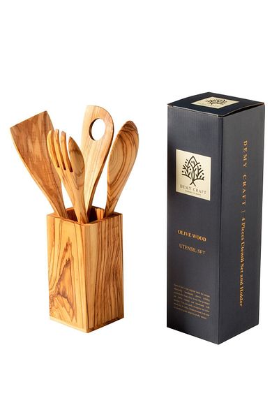 Demy Craft Olive Tree Wooden Kitchen Set, 5 Piece Boxed Wooden Spoon, Fork, Spatula Handmade