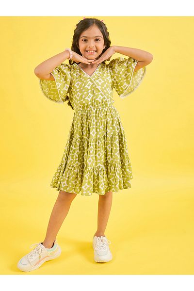Stylo Bug By Styli Geometric Print V Neck Tiered Dress